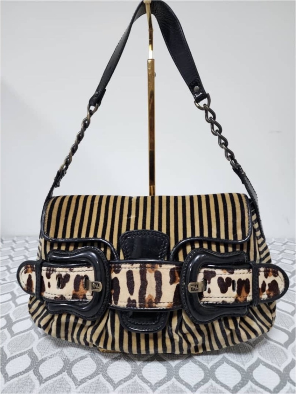 Authentic Fendi Striped Velvet B Bag Brown/Black/Beige